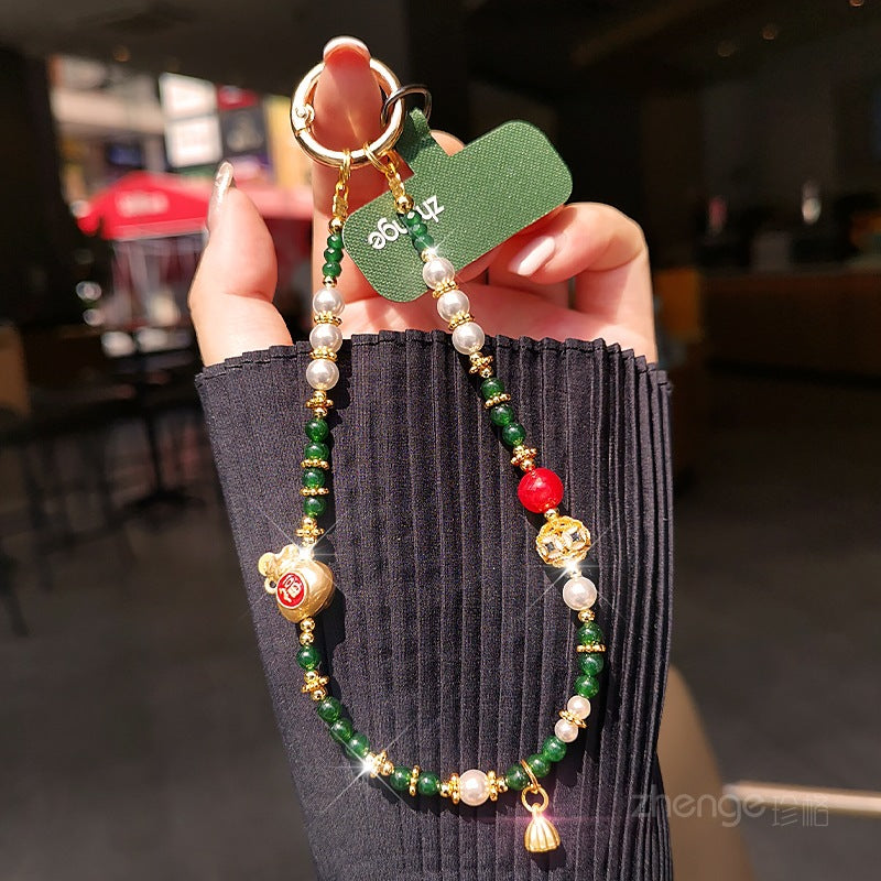 Bring in Wealth and Treasure Lucky Bag Mobile Phone Chain Pendant for Women Exquisite Handmade Gold Bead Chain Bracelet Short Style Outdoor Travel
