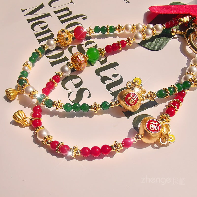 Bring in Wealth and Treasure Lucky Bag Mobile Phone Chain Pendant for Women Exquisite Handmade Gold Bead Chain Bracelet Short Style Outdoor Travel