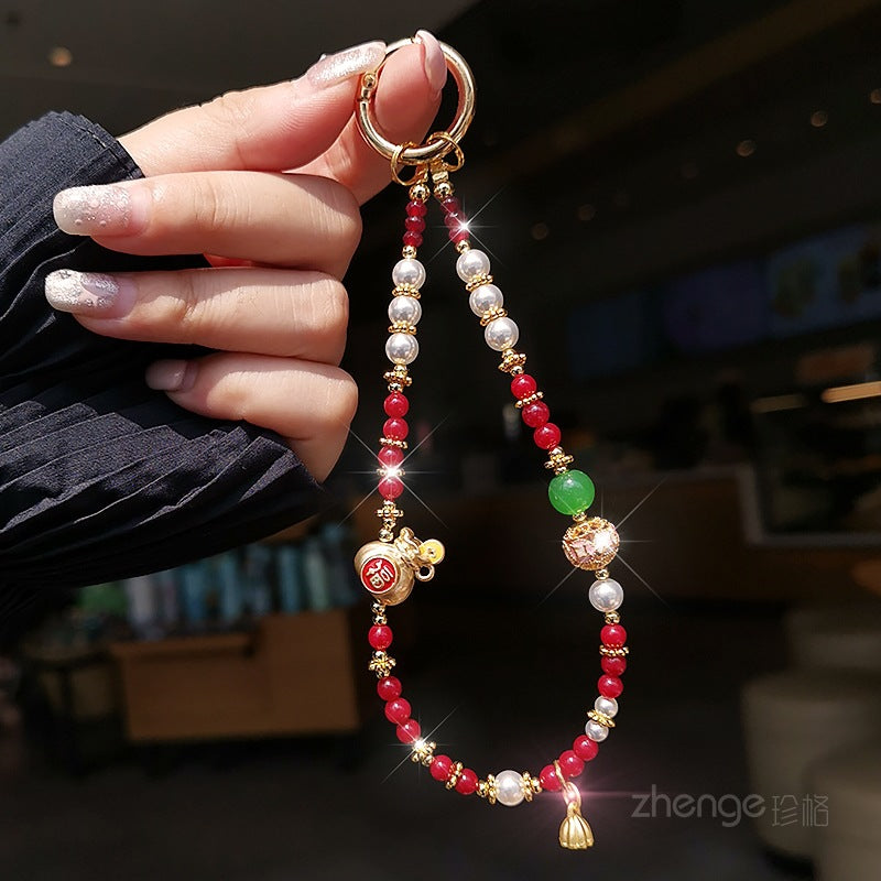 Bring in Wealth and Treasure Lucky Bag Mobile Phone Chain Pendant for Women Exquisite Handmade Gold Bead Chain Bracelet Short Style Outdoor Travel