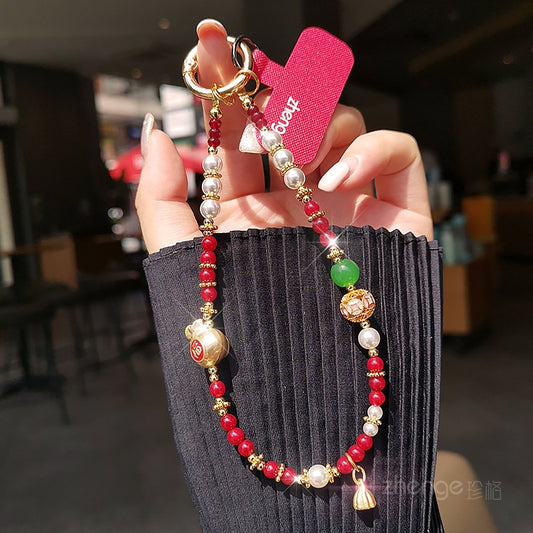 Bring in Wealth and Treasure Lucky Bag Mobile Phone Chain Pendant for Women Exquisite Handmade Gold Bead Chain Bracelet Short Style Outdoor Travel